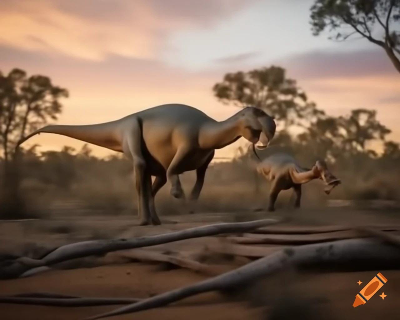 Cinnamon and grey striped hadrosaurus in Australian outback during golden hour