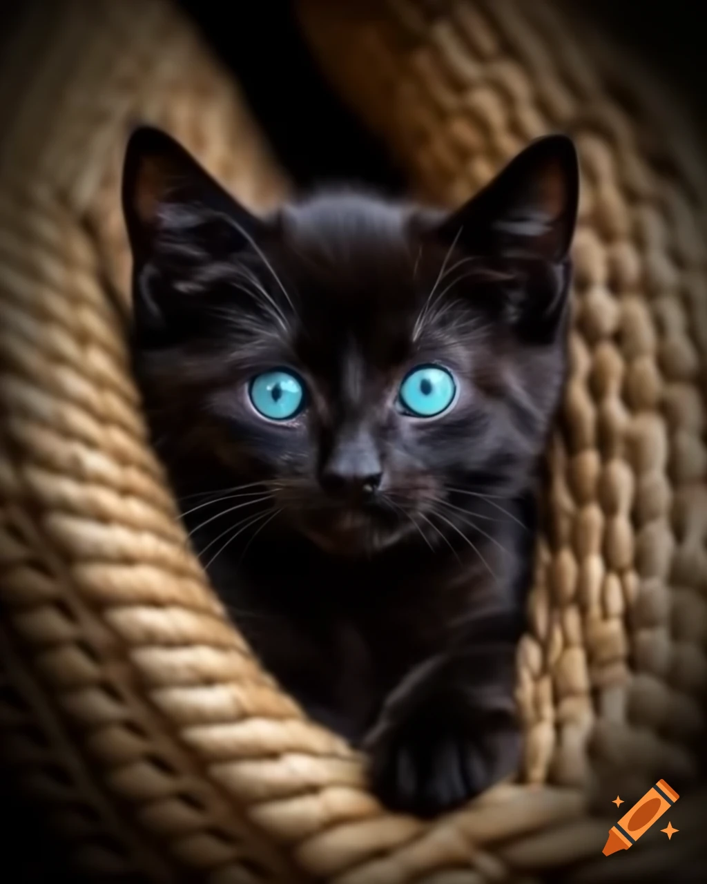 Cute black kitten with turquoise eyes hiding between pillows