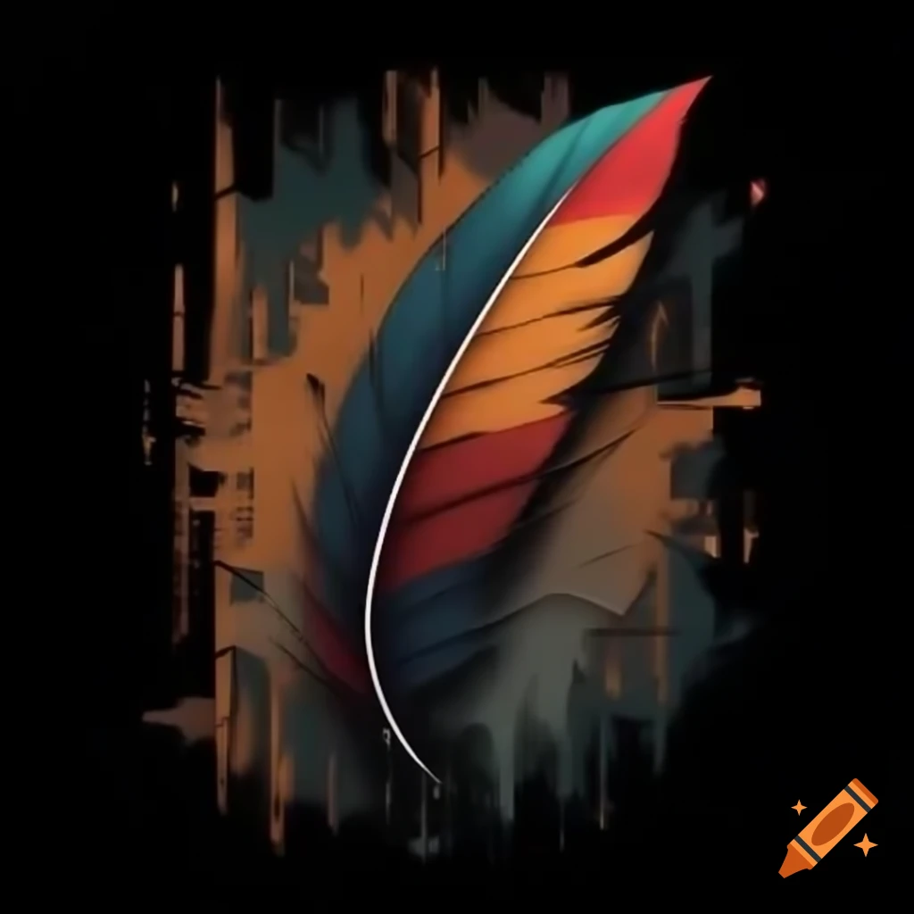 Multicolored feather with gritty, rugged post-apocalyptic urban backdrop
