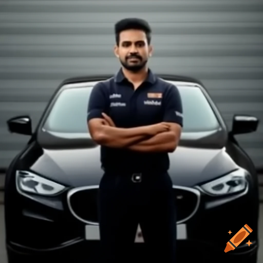 Indian driver standing in front of car, looking towards the horizon
