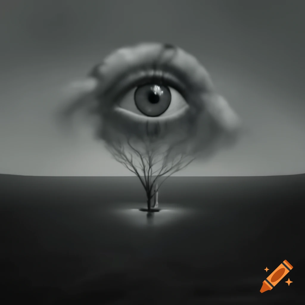 Surrealist monochrome artwork with a single accent color