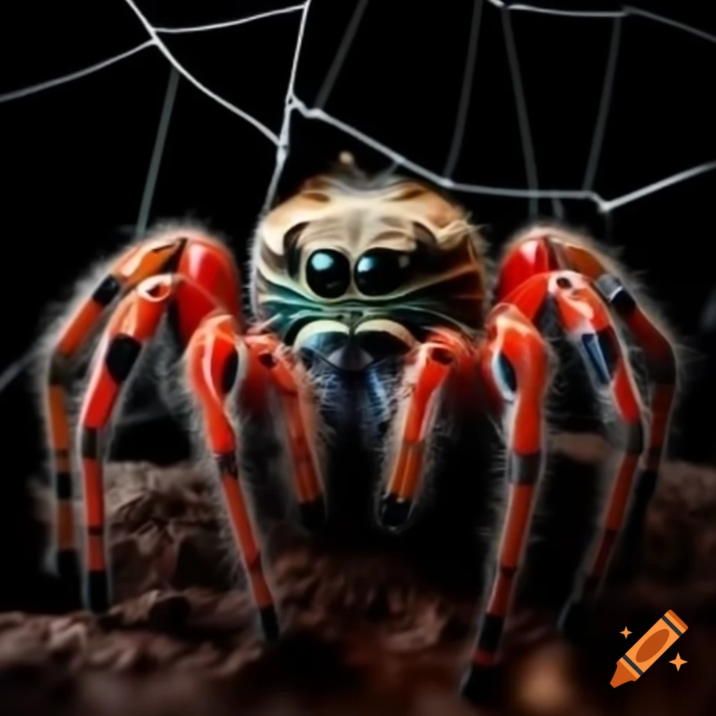 Spider with missiles and black-red stars on body amidst spider web