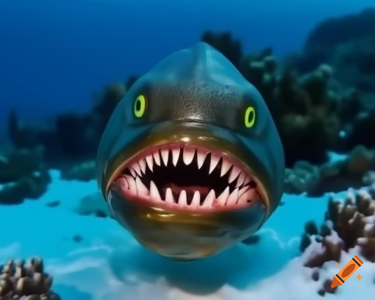 Close-up of creepy piranha monster with sharp luminous teeth in snowy underwater scene