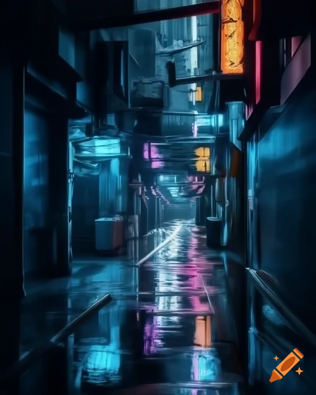 Cyberpunk alleyway with neon lights reflecting on wet surfaces