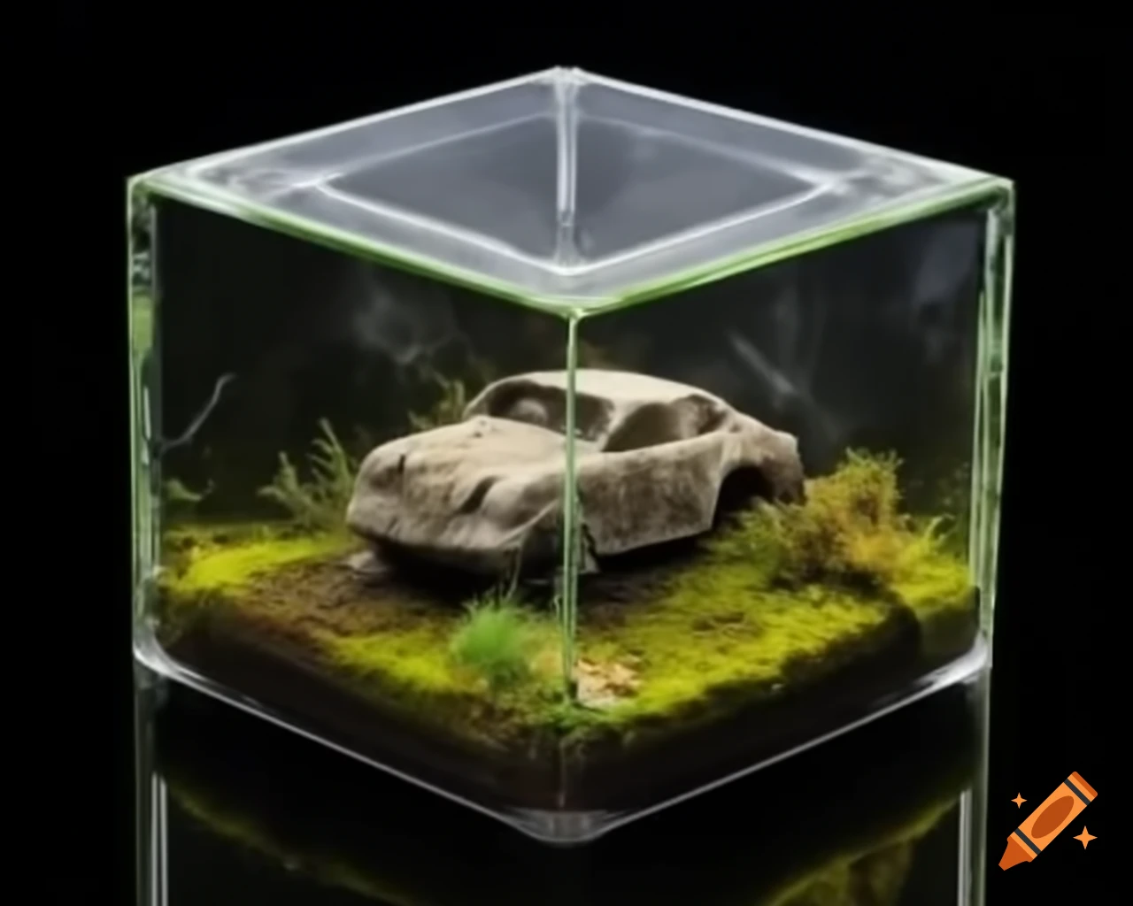Post-apocalyptic car diorama in resin cube with mossy water