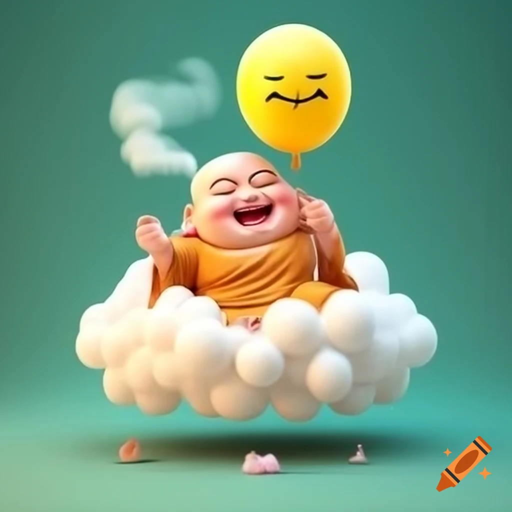 Playful Buddha laughing with yellow balloon sitting on cloud chair, 4k quality