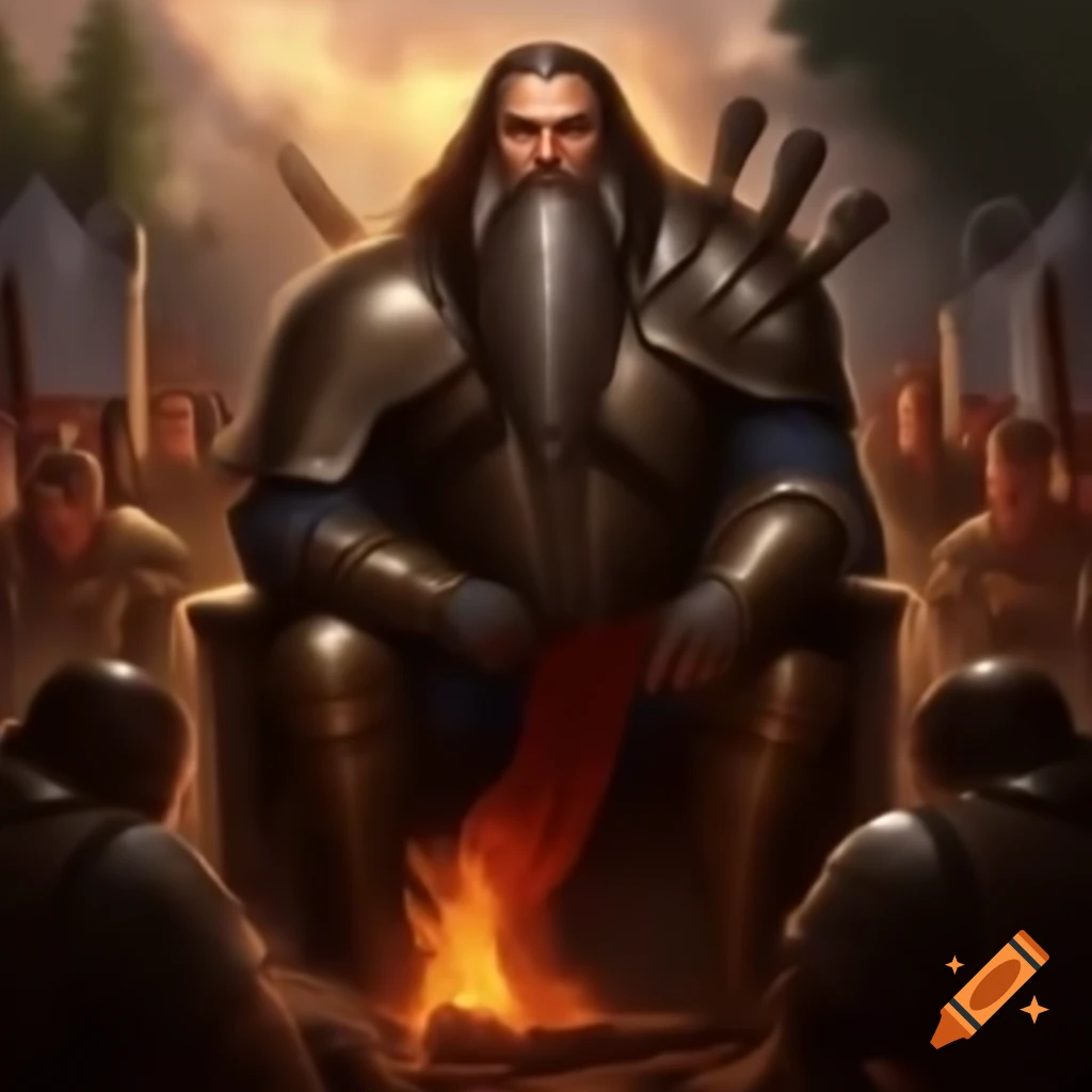 Powerful armored Noyan by campfire sharing stories with soldiers