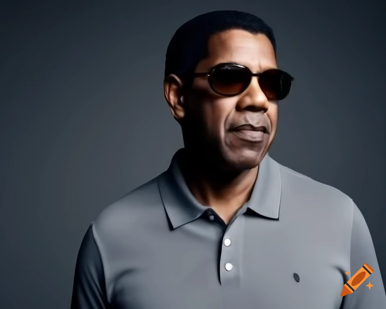 Denzel Washington in sunglasses and grey polo shirt against grey background