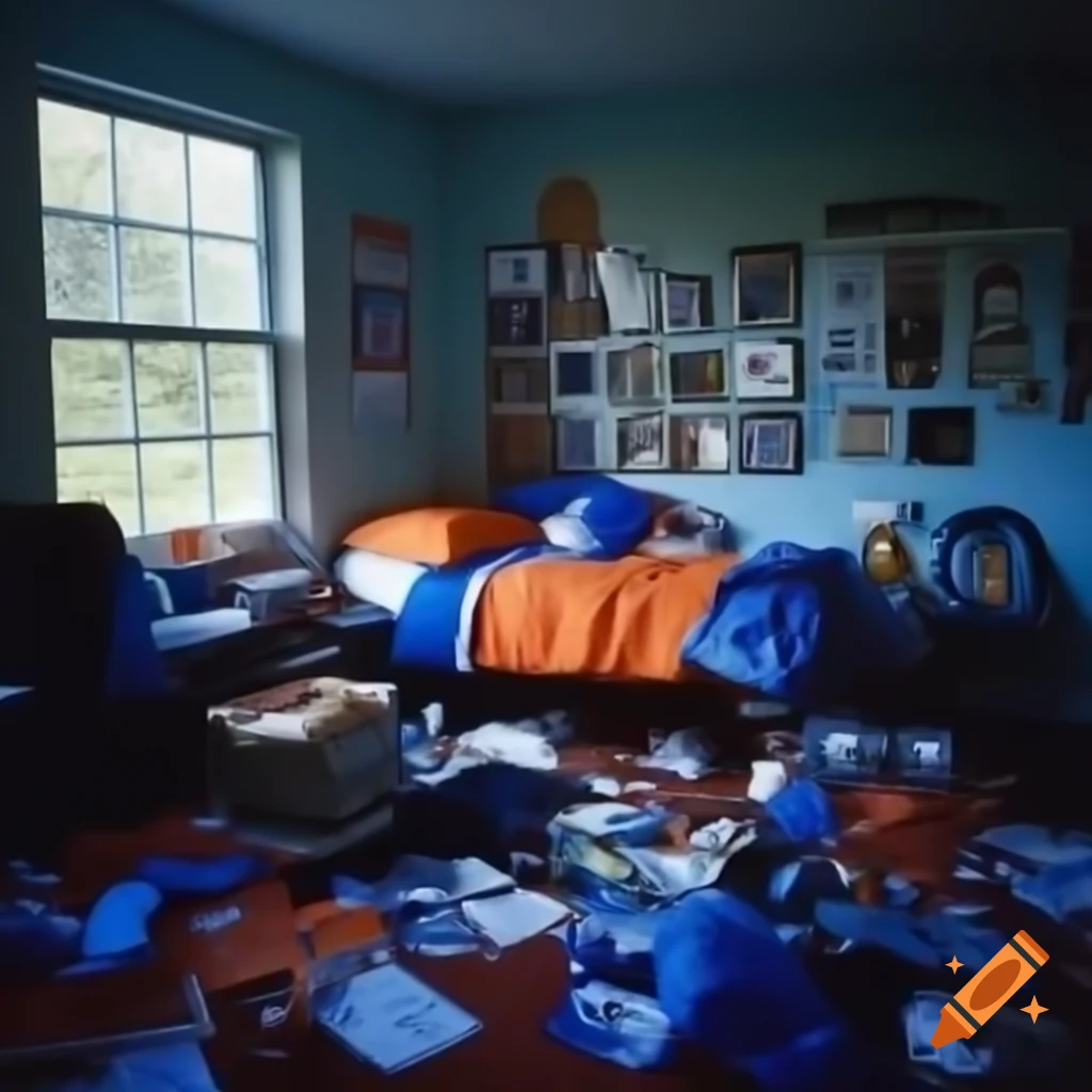 Messy boys room filled with University of Illinois sports paraphernalia ...