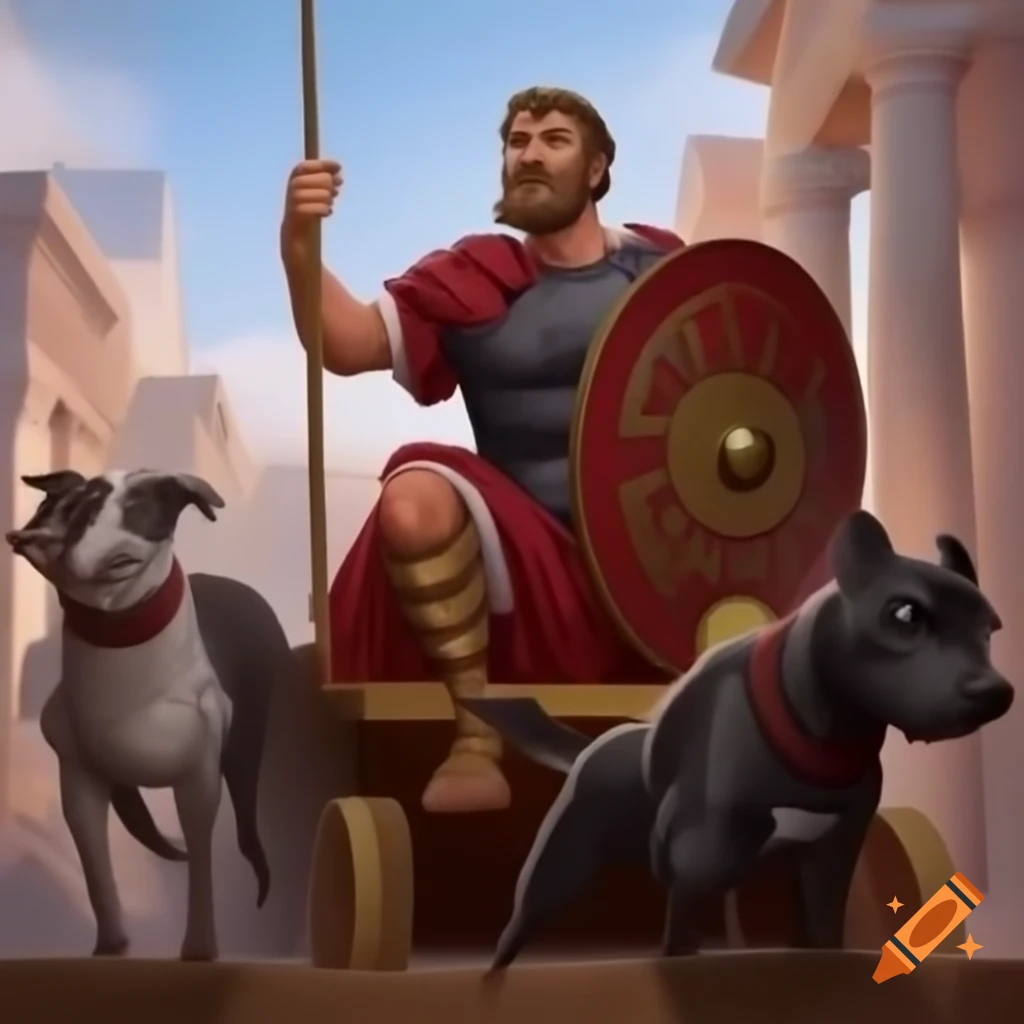 Roman man on chariot with greyhound and Staffordshire bull terrier