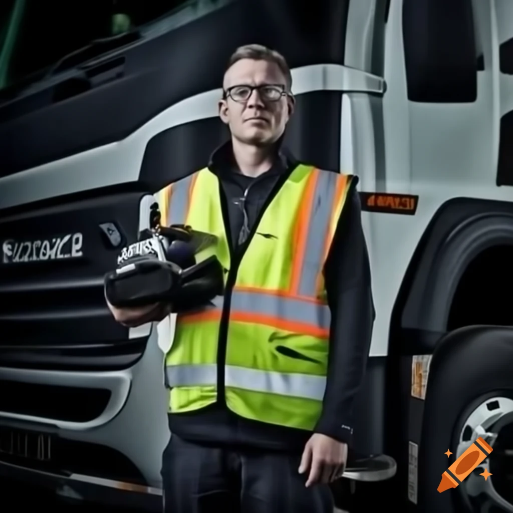 Truck driver in high visibility vest and safety gear in front of truck
