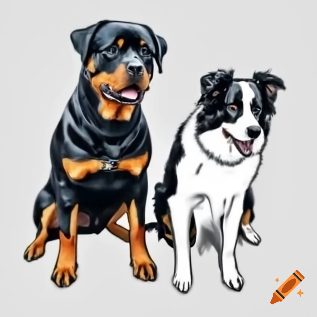Border Collie Rott Rottweiler and border collie illustrated in black and white on Craiyon