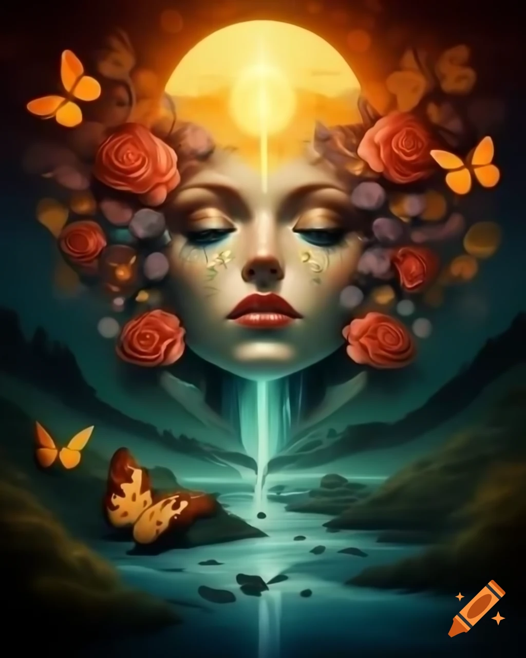 Ethereal woman of beauty with golden hair in a dreamlike landscape