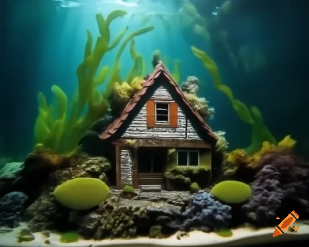 Underwater house made of corals and seaweed, detailed miniature diorama