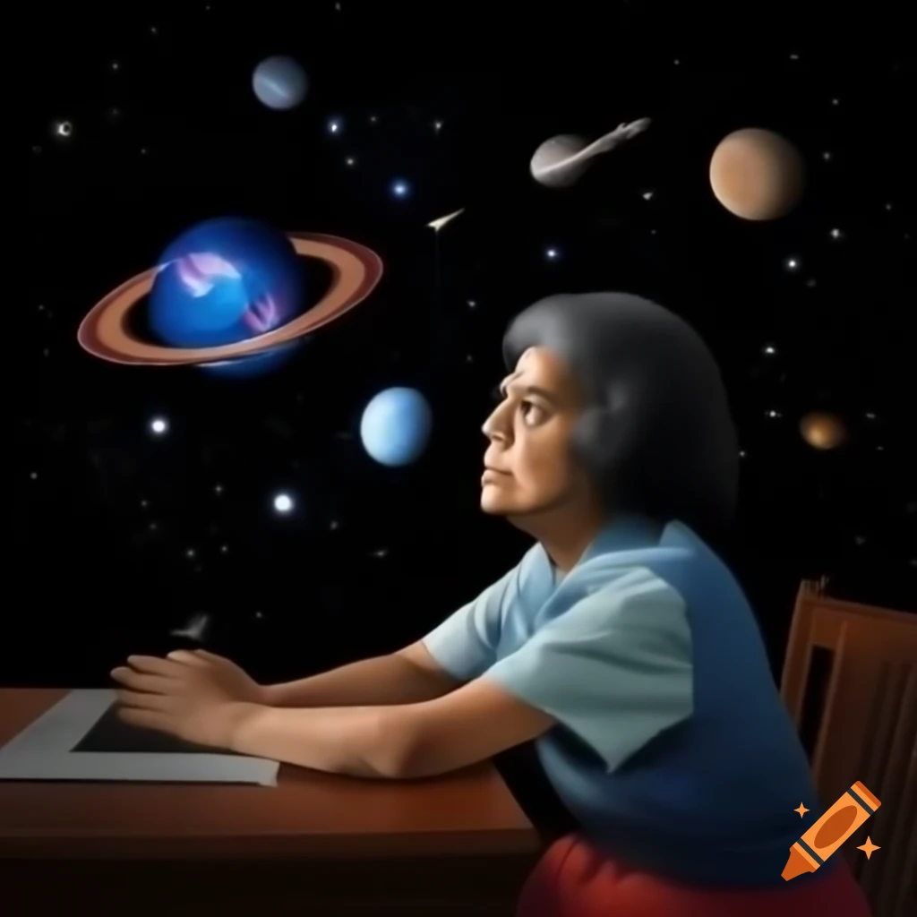 Surreal cosmic dream scene with figures emerging around a central character