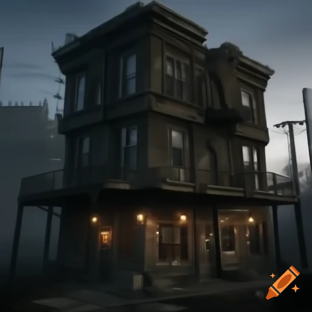 Post-apocalyptic pub with connected apartment block, dim late afternoon light