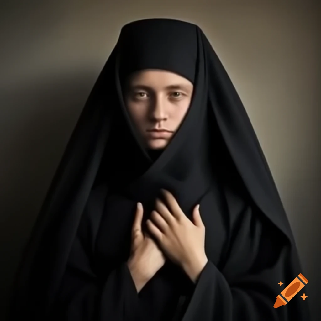 Young orthodox woman in black monastic robe and headscarf