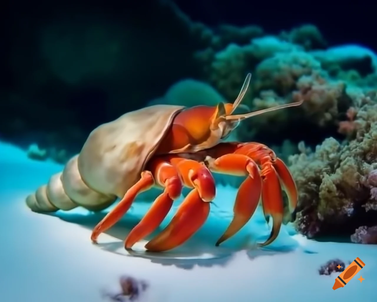 Hermit crab swimming in snow under the sea with snowy corals