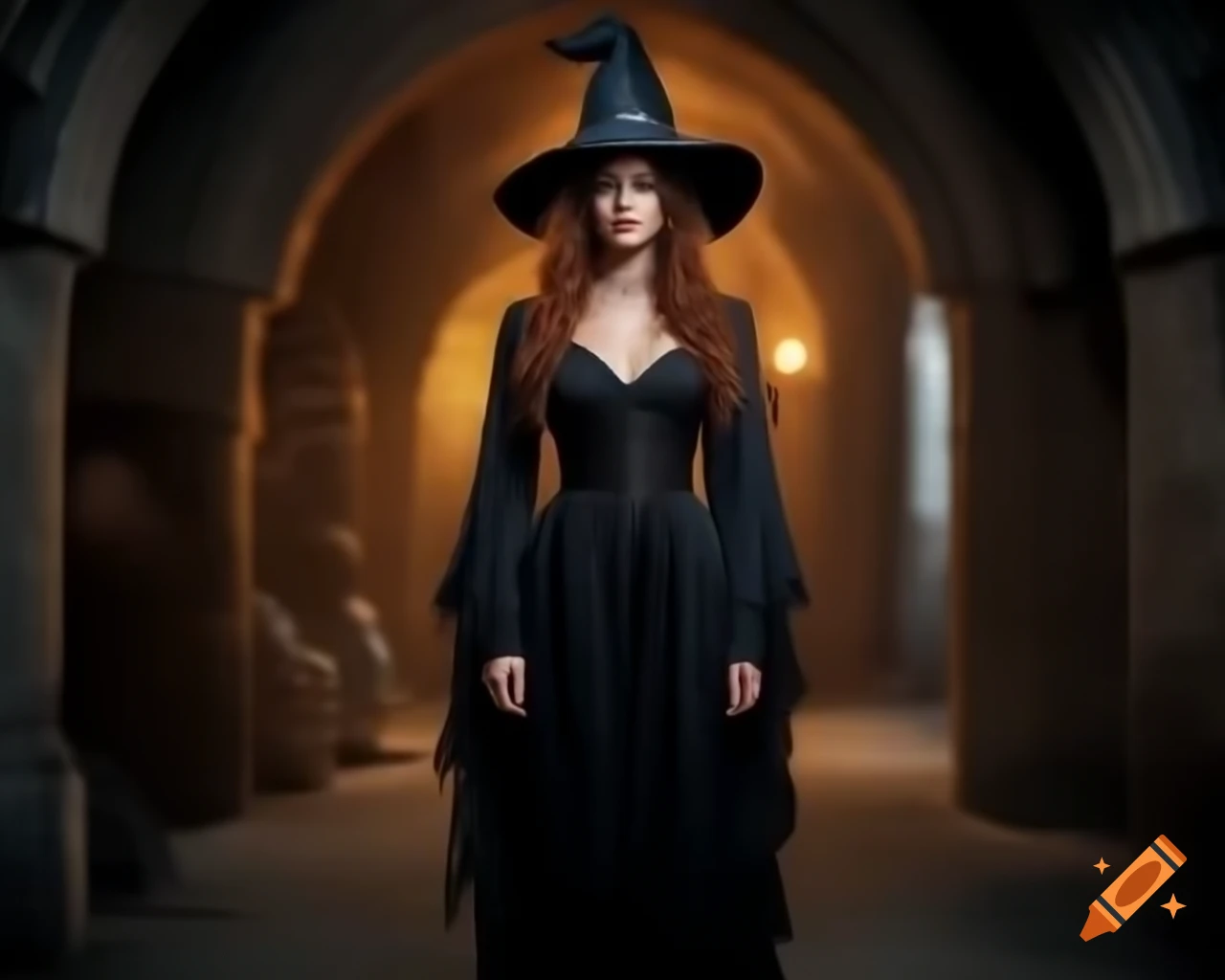 Woman dressed as a witch in black robes inside castle dungeon