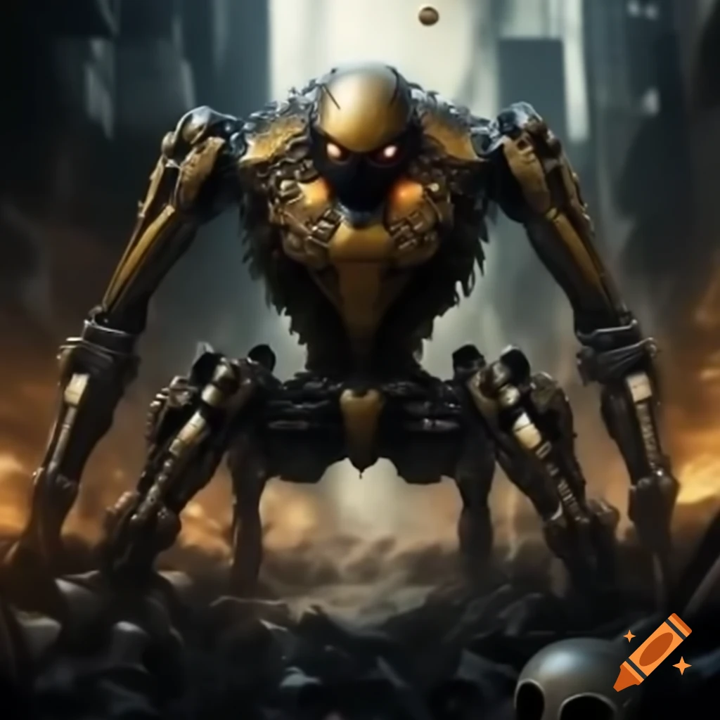 Giant robotic spider navigating post-apocalyptic cityscape with skull-shaped cockpit and neon lights