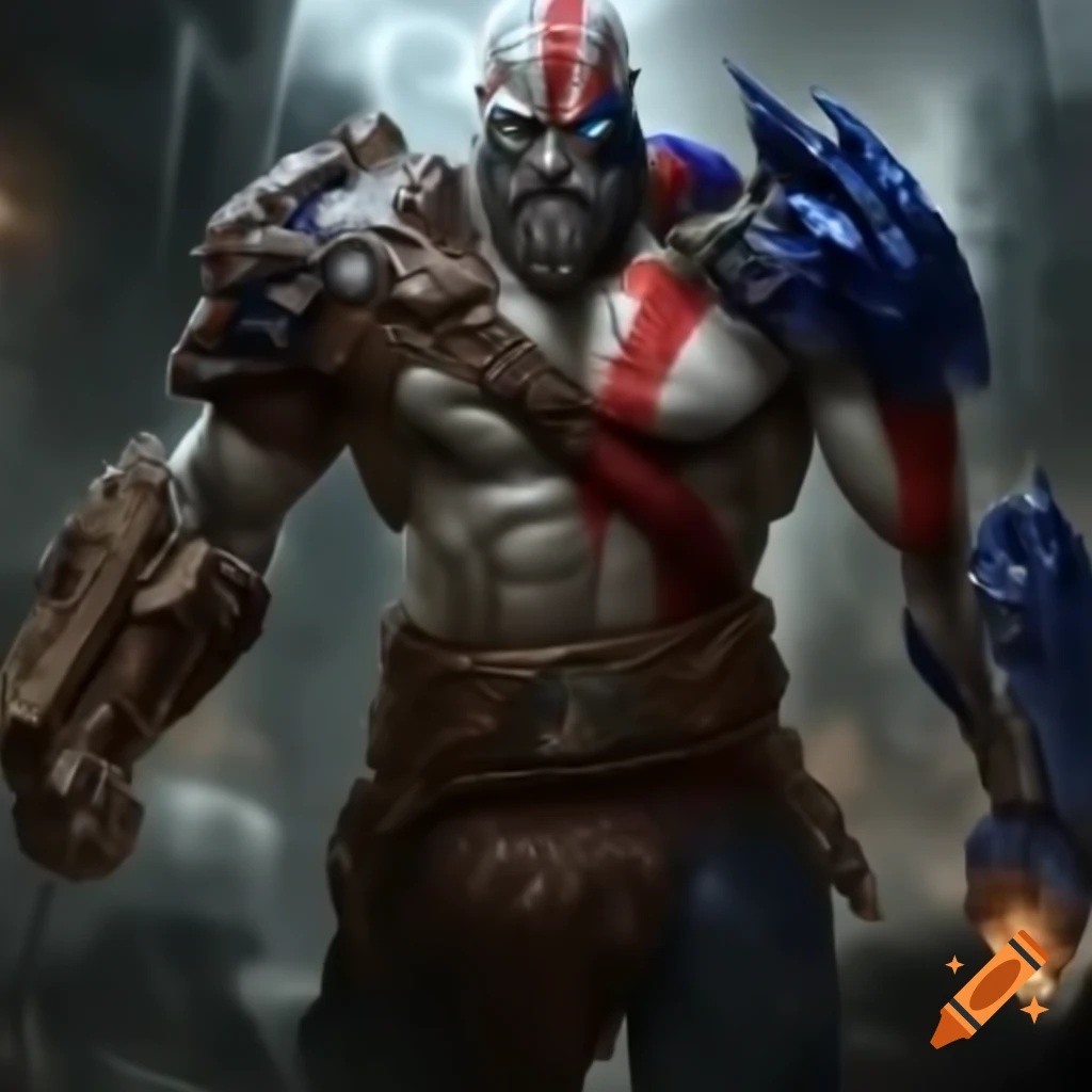 Kratos from God of War battling Optimus Prime