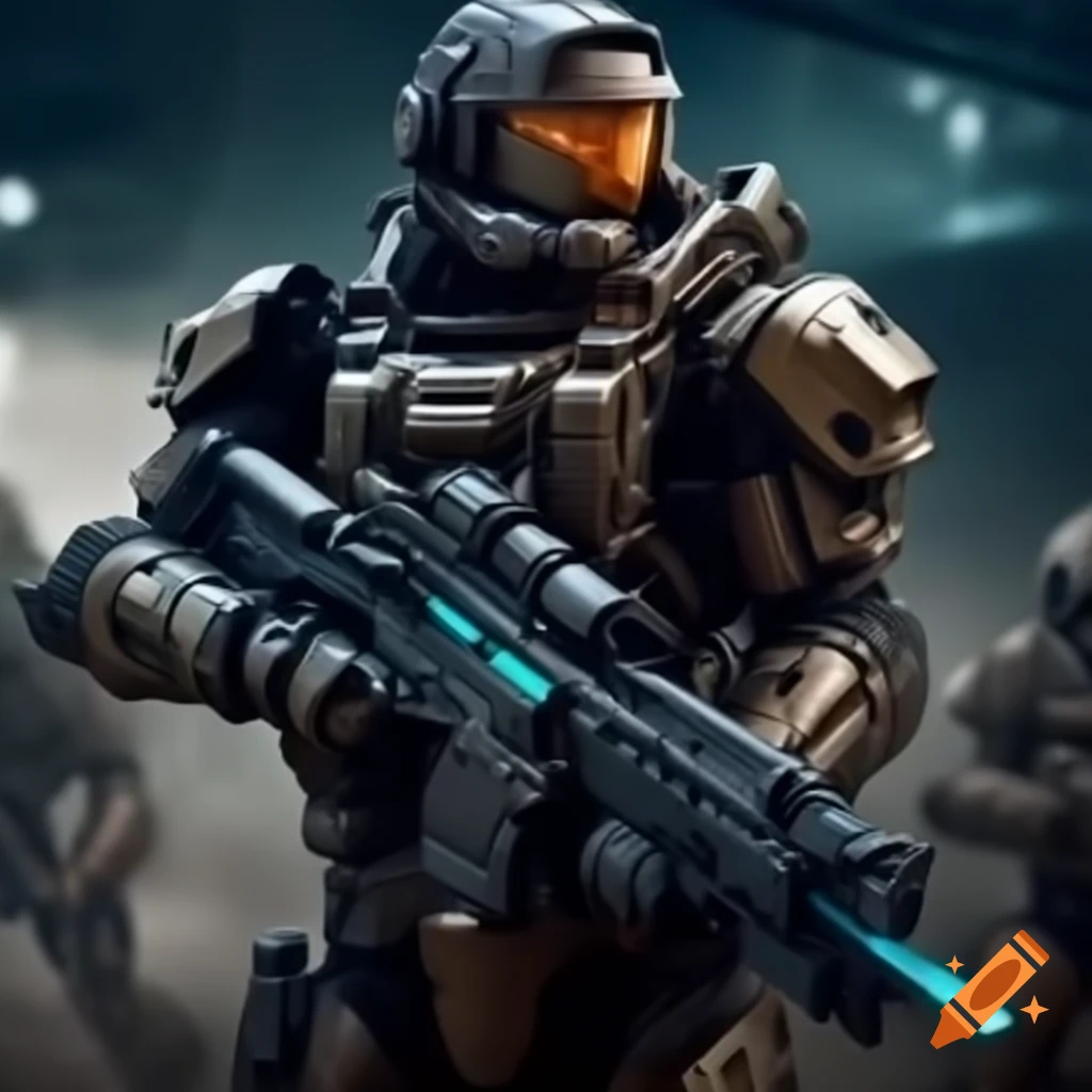 Cybernetic soldier in armor with laser rifle on futuristic battlefield