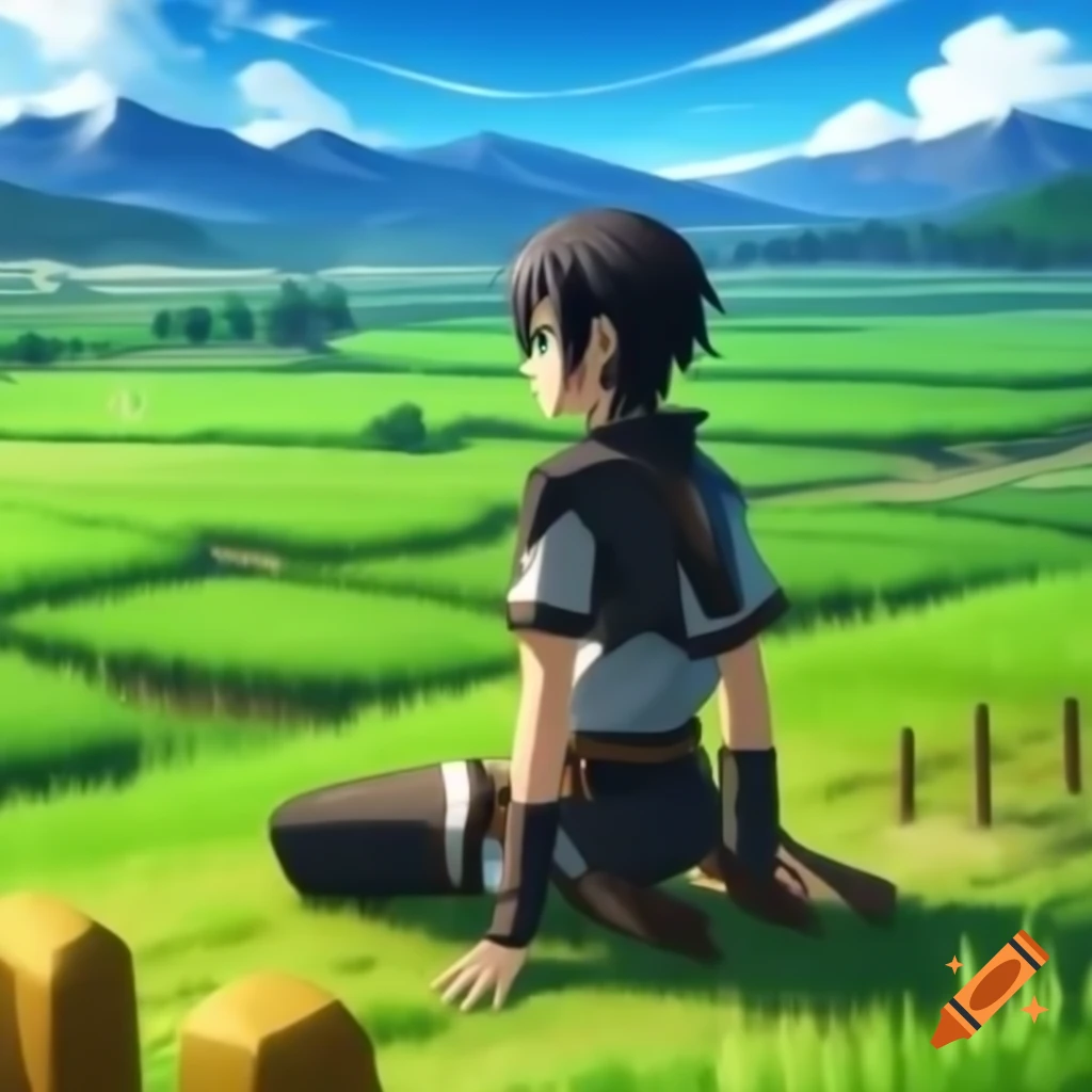 Kirito's legs in picturesque landscape of Aincrad during sunset with a melancholic ambiance