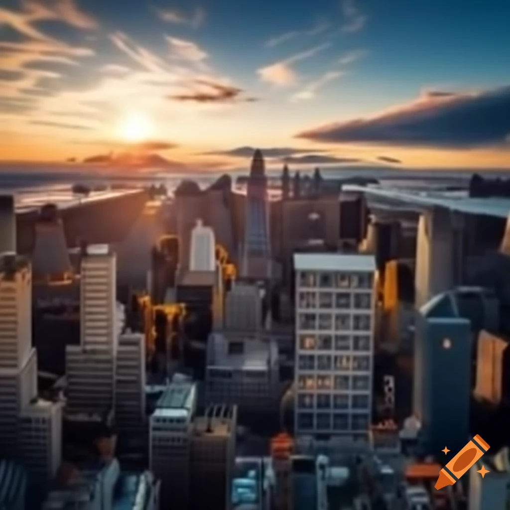 City skyline featuring various buildings and urban landscape