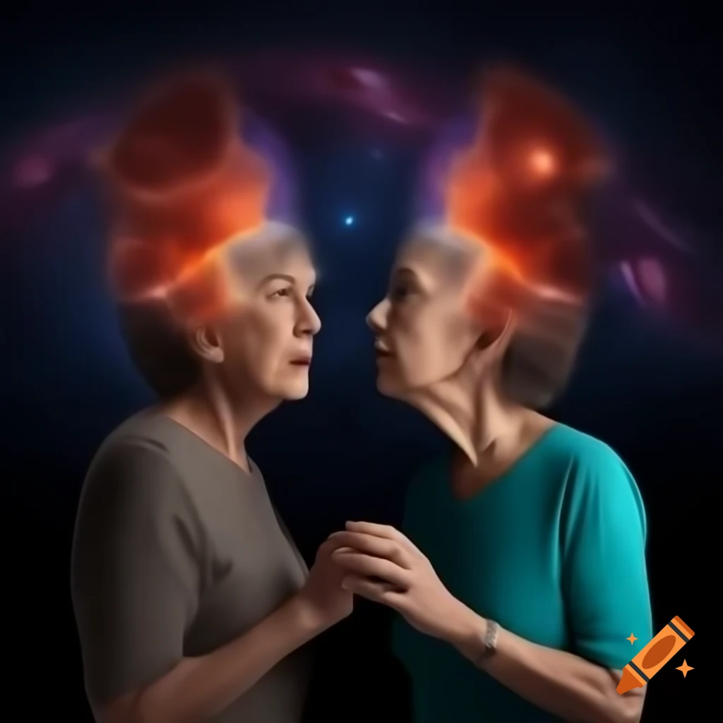 Surreal cosmic dream war scene with hovering images and characters