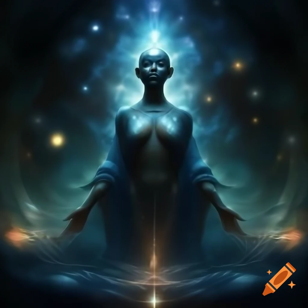 Divine bald-headed goddess in deep blue, surreal concept art in high resolution