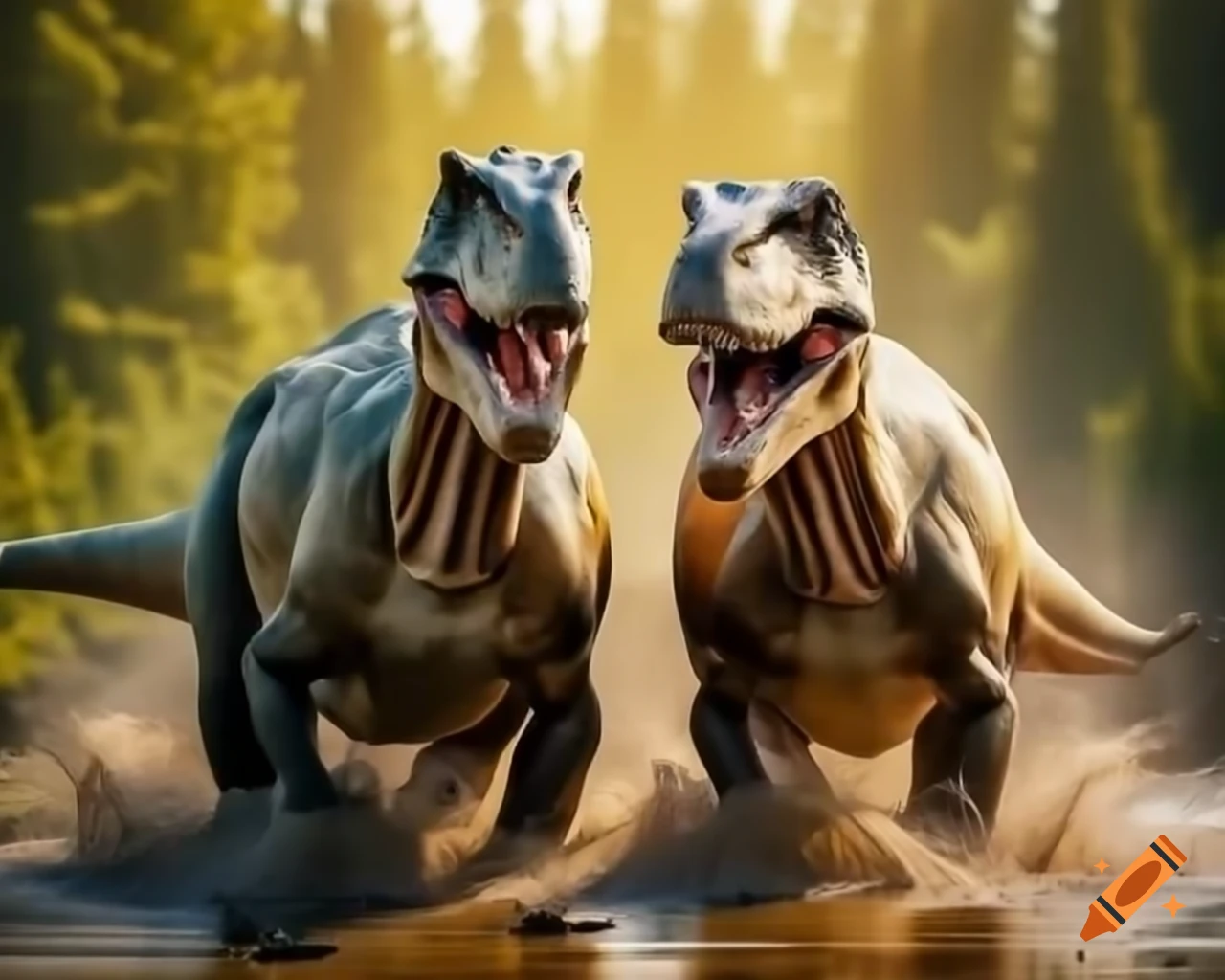 Hadrosaurus dinosaurs walking along muddy lake bank in British Columbia