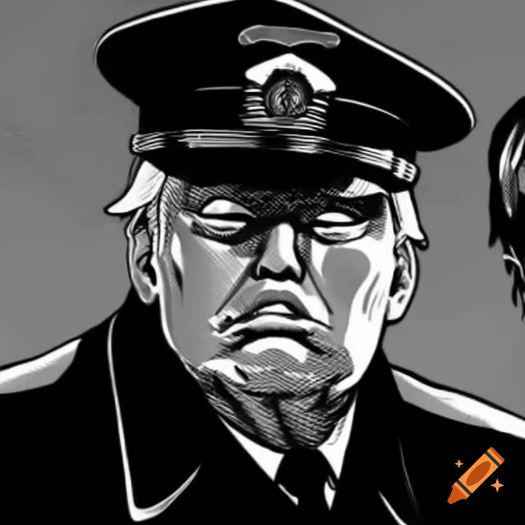 Donald Trump depicted as a 1940s German military official with a menacing expression