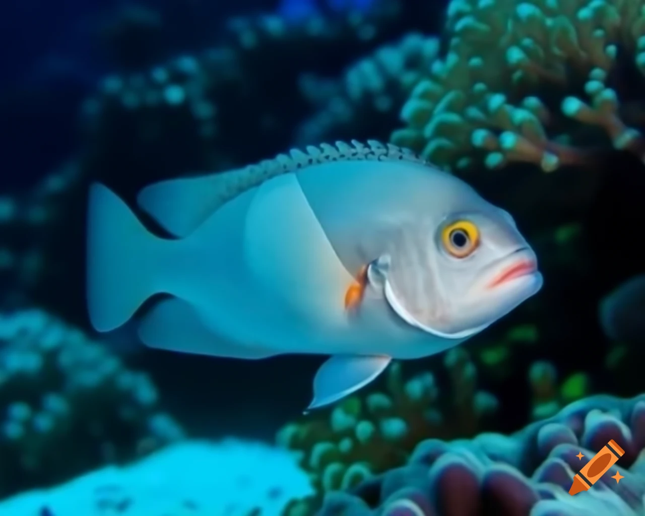 Close-up of snow fish swimming among snow corals