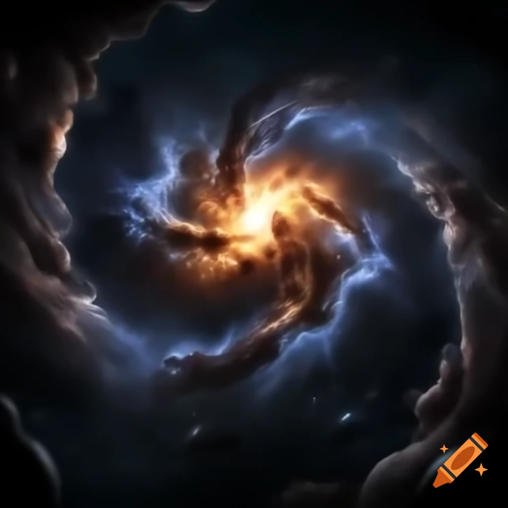 Surreal cosmic war scene featuring tension and sudden laughter leading to darkness