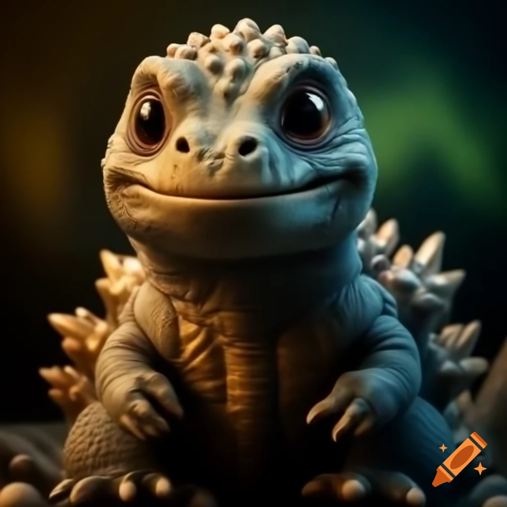 Close-up of adorable Godzilla hatching from an egg with soft lighting