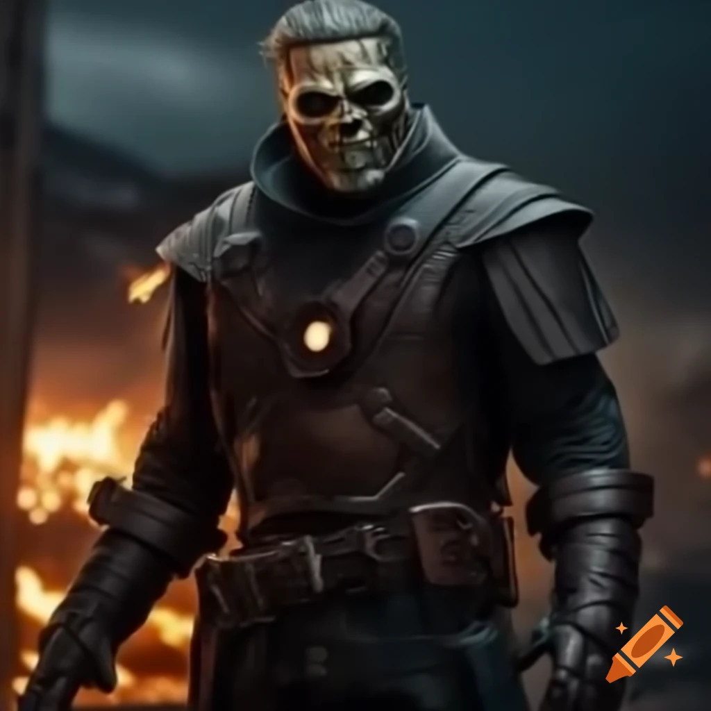 Tall man in dark armor and iron mask wielding whip in post-apocalyptic setting