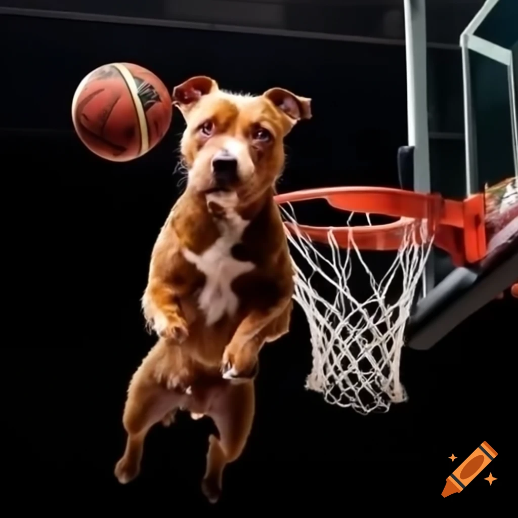Red-nosed Staffordshire Terrier dunking a basketball with red fur