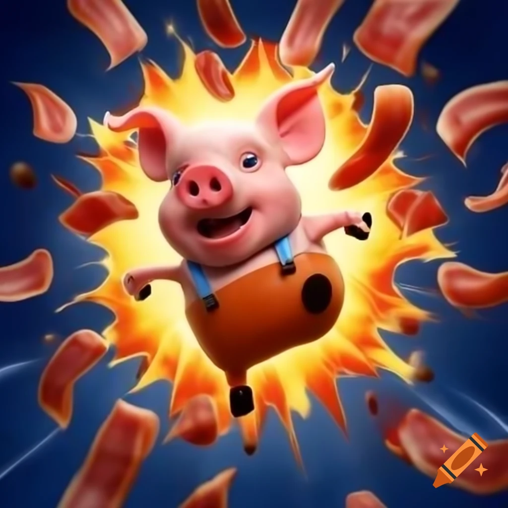 Cartoon pig jumping through bacon explosion