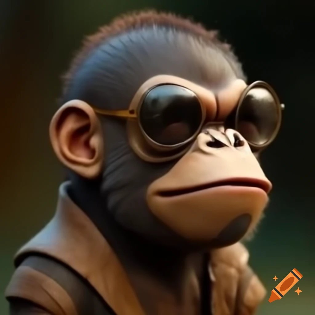 Tiny wood bark human in plastic Donkey Kong mask, realistic style