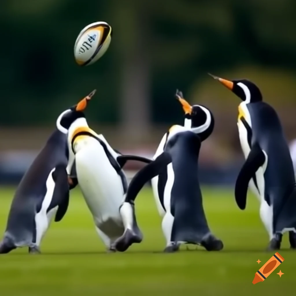Penguins engaging in a game of rugby