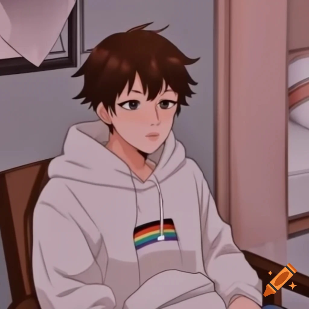 Anime character with brown hair in hoodie sitting on chair with rainbow flag in bedroom