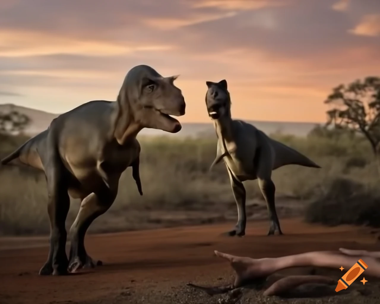 Cinnamon and grey striped hadrosaurus in Australian outback during golden hour