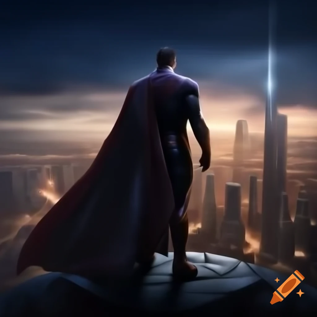 Superhero Guardian overlooking futuristic city at sunset from skyscraper edge
