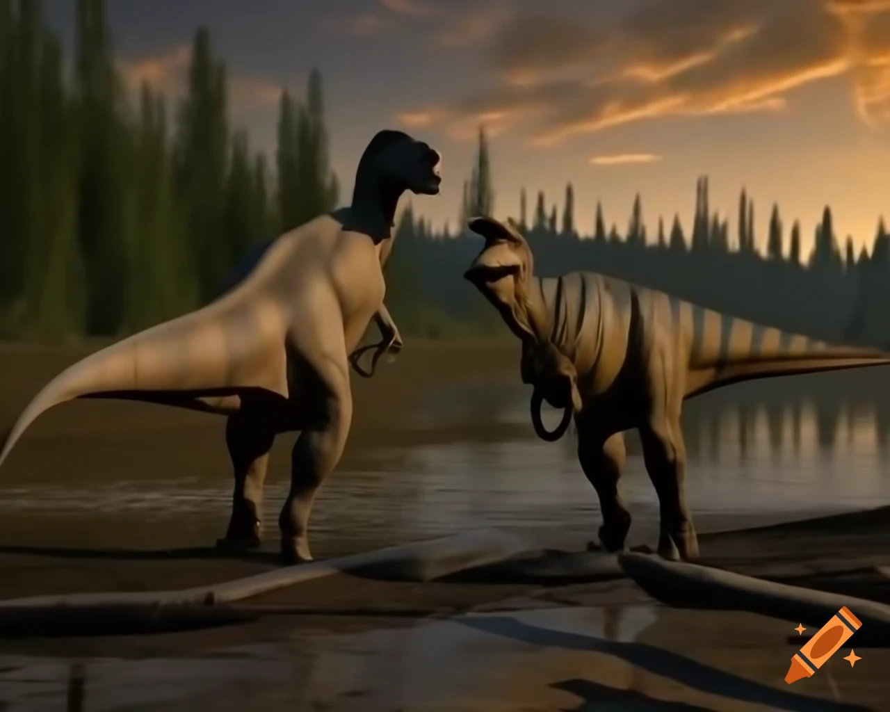 Brown and grey striped hadrosaurus by muddy lakebank in British Columbia