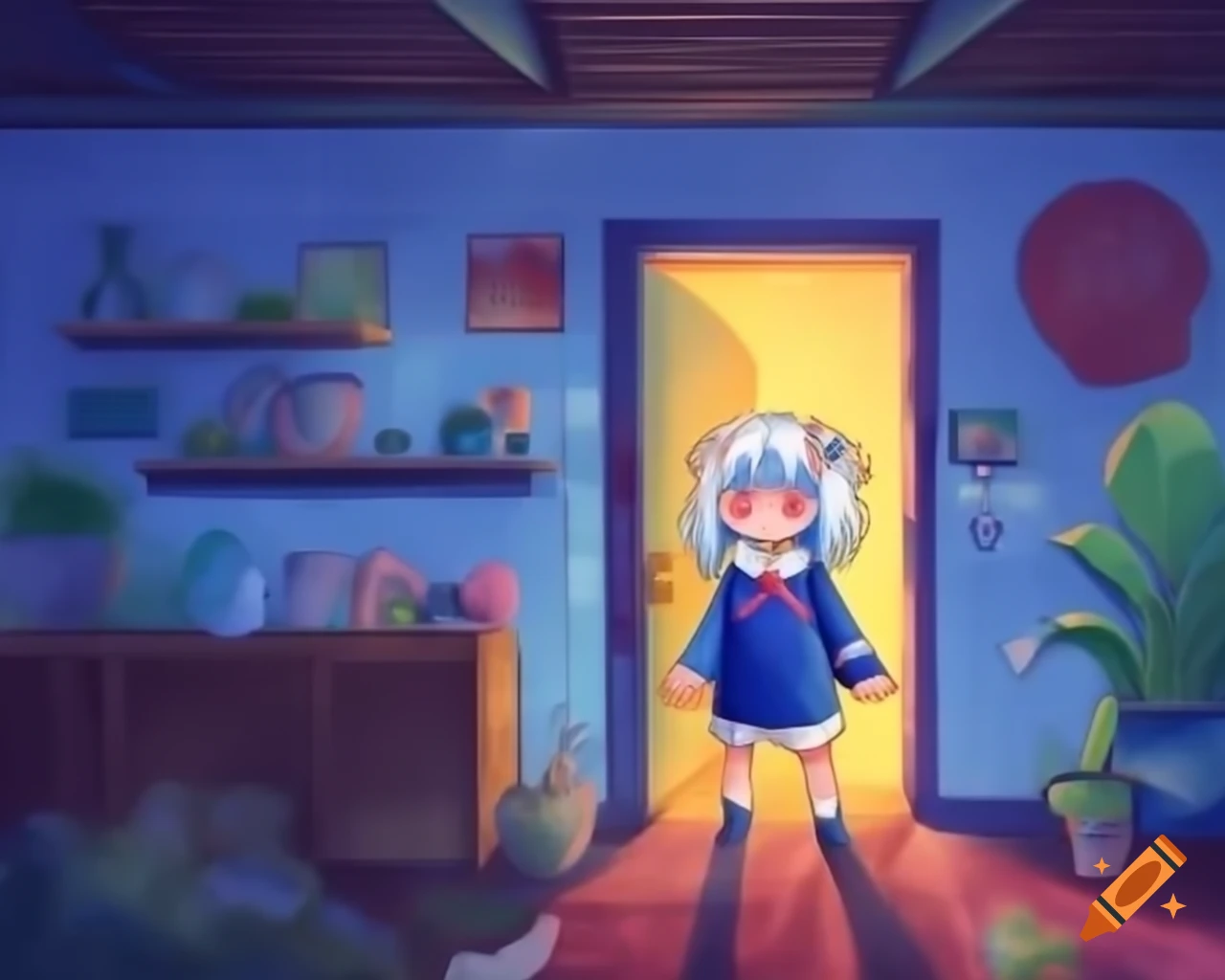 Gawr Gura character entering front door of apartment