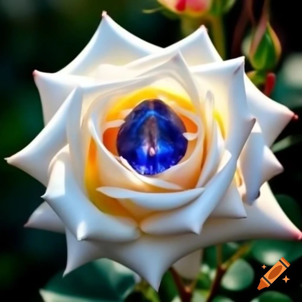 Blue sapphire inside white rose illuminated by sunlight