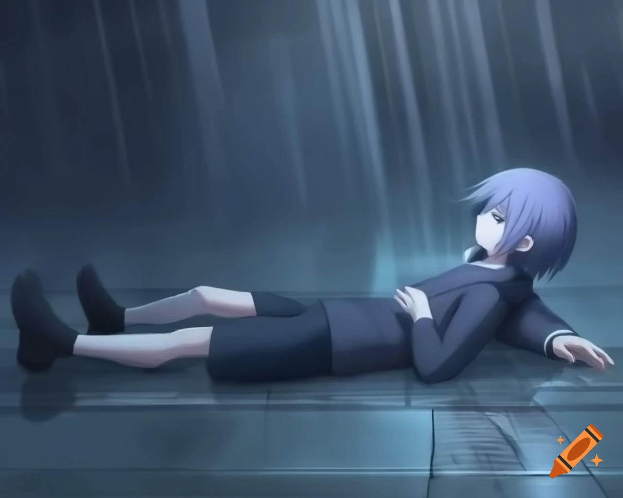 Niko from Oneshot lying on concrete floor watching rain, anime style
