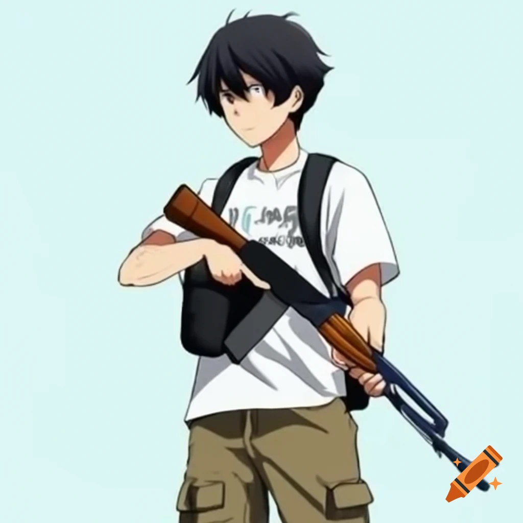 Man in t-shirt and cargo pants holding an AK-47