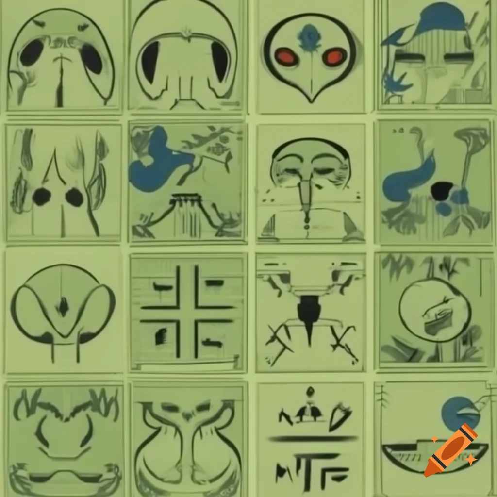 Alien Symbols And Scribblings In Tarot Tantric Style On Ancient Green alien-symbols-and-scribblings-in-tarot-tantric-style-on-ancient-green