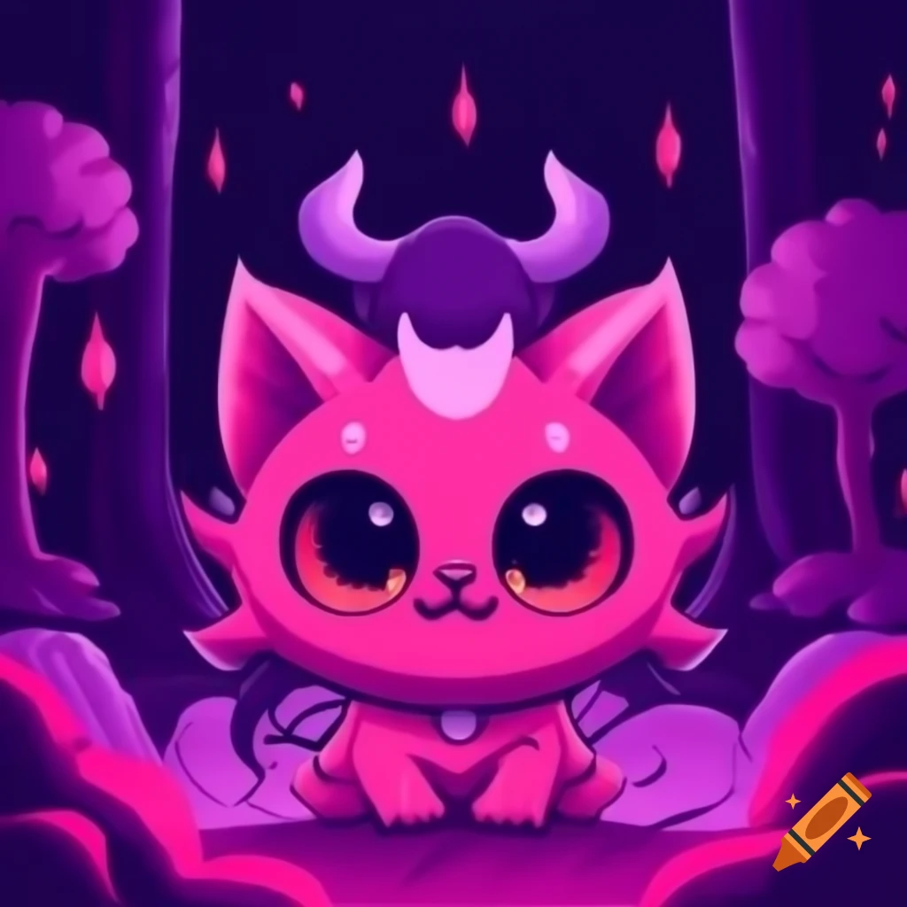 Cute devil horned kitten in colorful hell scenery, anime cartoon style